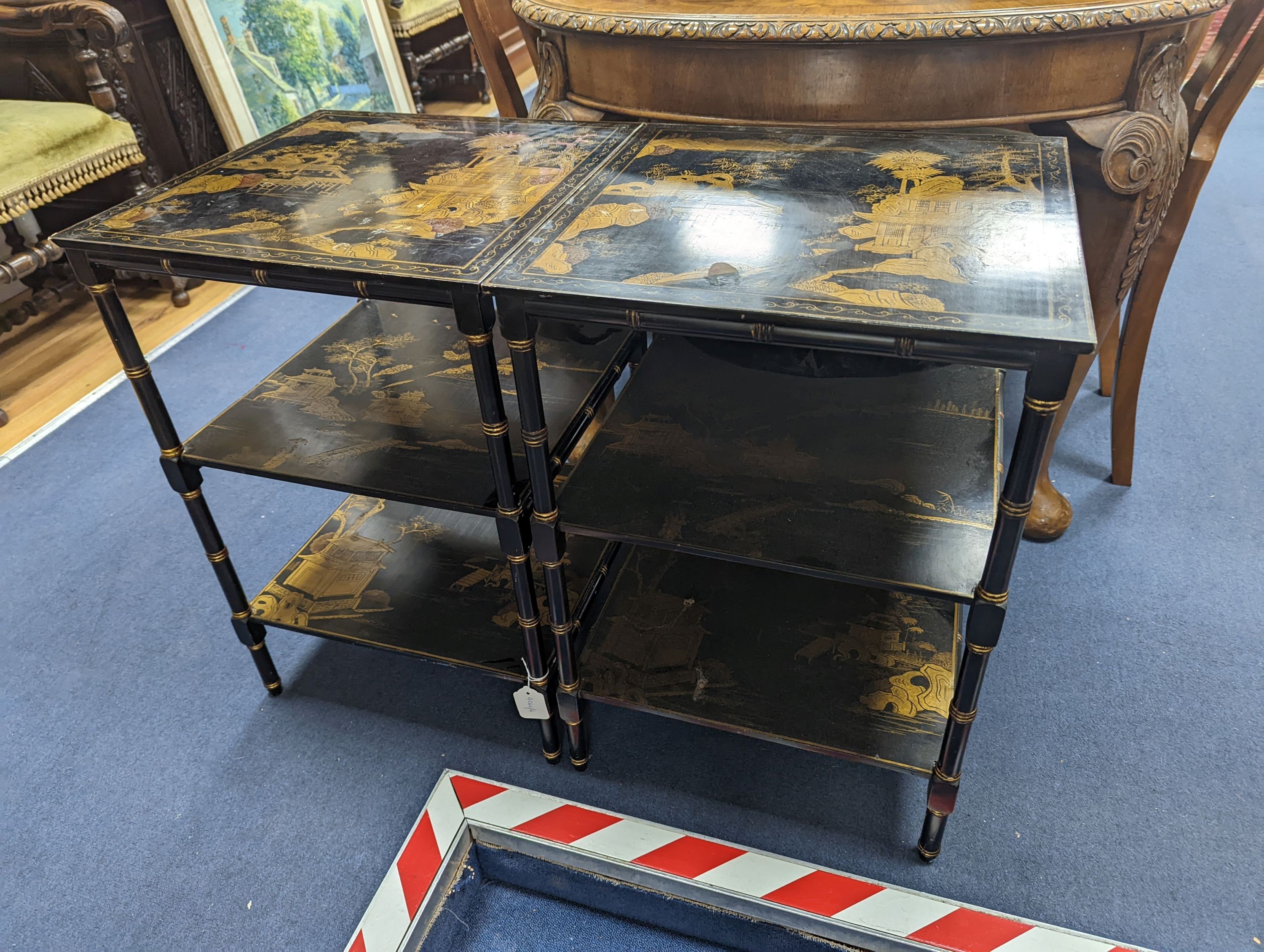 A pair of Regency style chinoiserie lacquer square three tier occasional tables, width 45cm, height 66cm